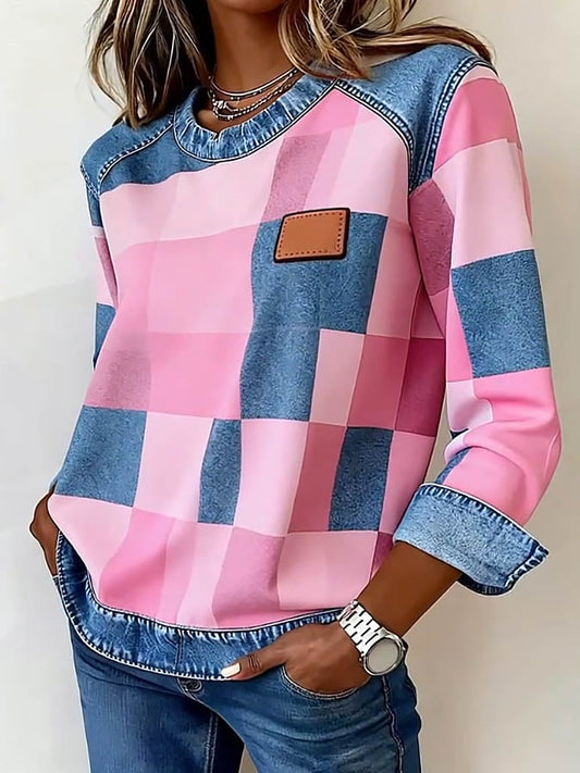 Van Berge Mode® | Dames Casual Ronde Hals Denim Patchwork Pullover Sweatshirt