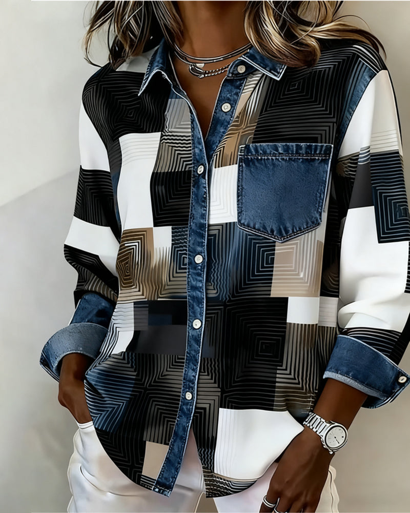 Laluna® | Kleurblok Shirt met Modieuze Kraag