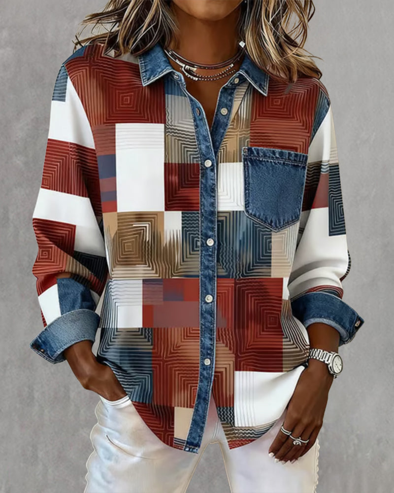 Laluna® | Kleurblok Shirt met Modieuze Kraag