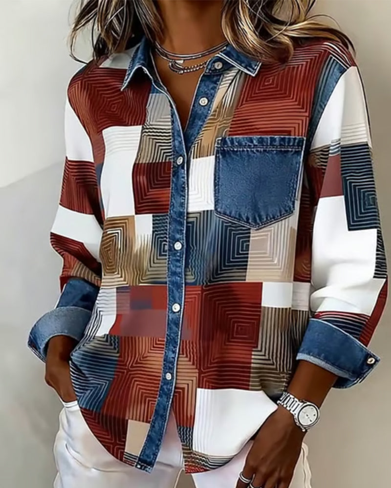 Laluna® | Kleurblok Shirt met Modieuze Kraag
