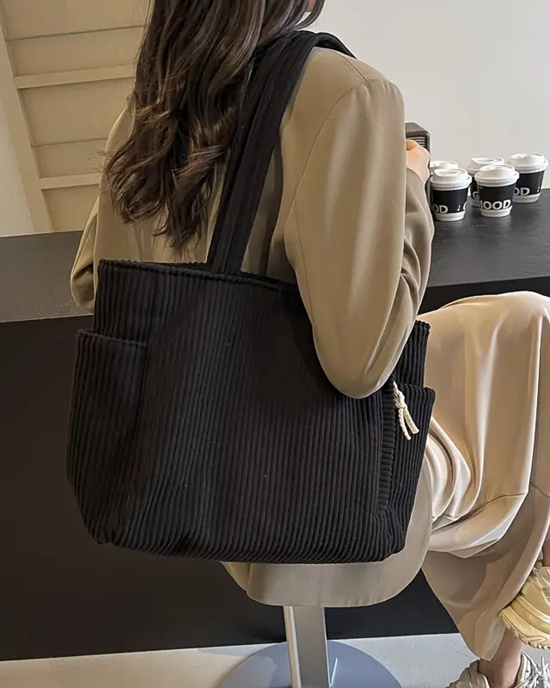 Laluna® | Geribbelde Totetas met Koorddetail