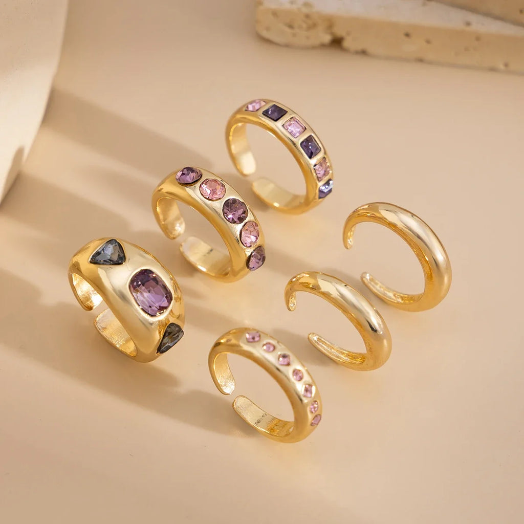 Set van 6 Goudkleurige Ringen met Paarse Zirkoon ƒ?? Verstelbaar & Luxe Afwerking