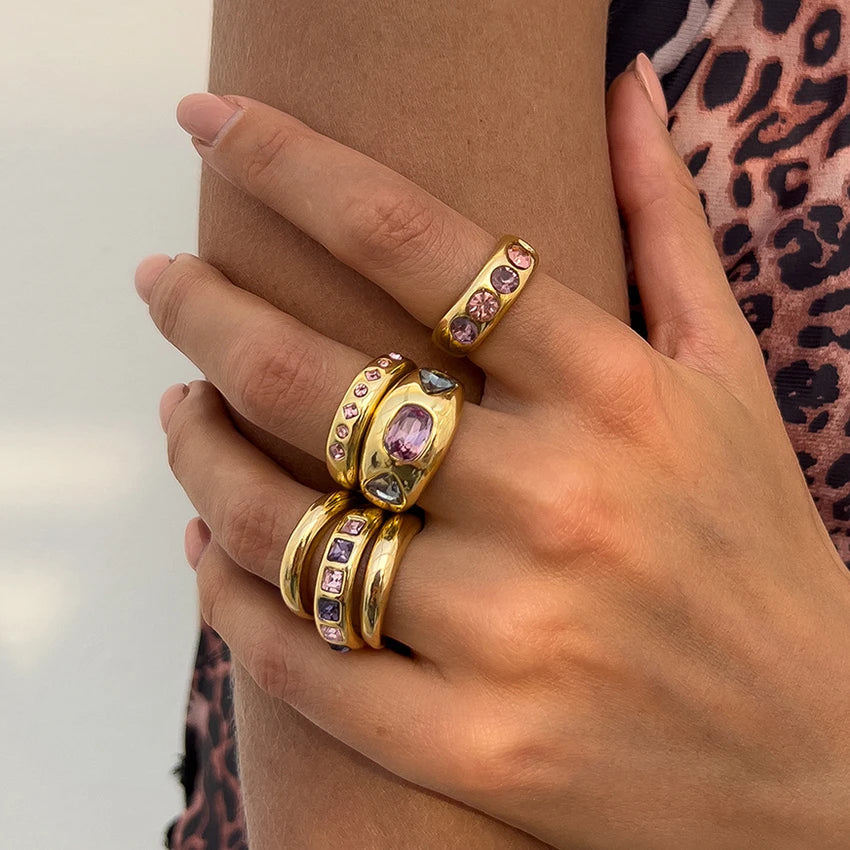 Set van 6 Goudkleurige Ringen met Paarse Zirkoon ƒ?? Verstelbaar & Luxe Afwerking