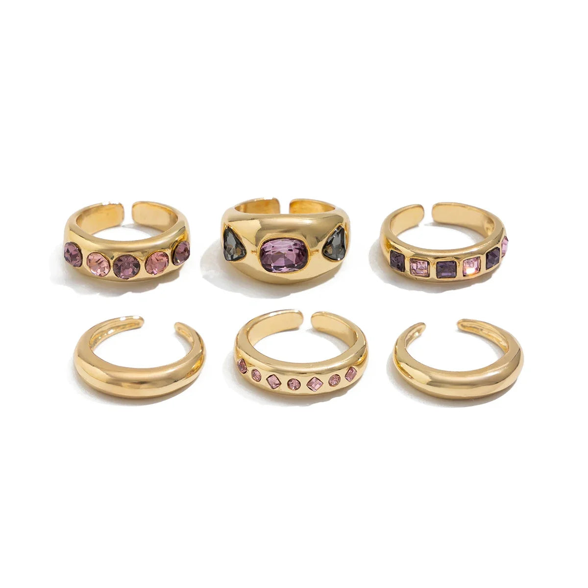 Van Berge Mode© | Set van 6 Goudkleurige Ringen met Paarse Zirkoon ƒ?? Verstelbaar & Luxe Afwerking
