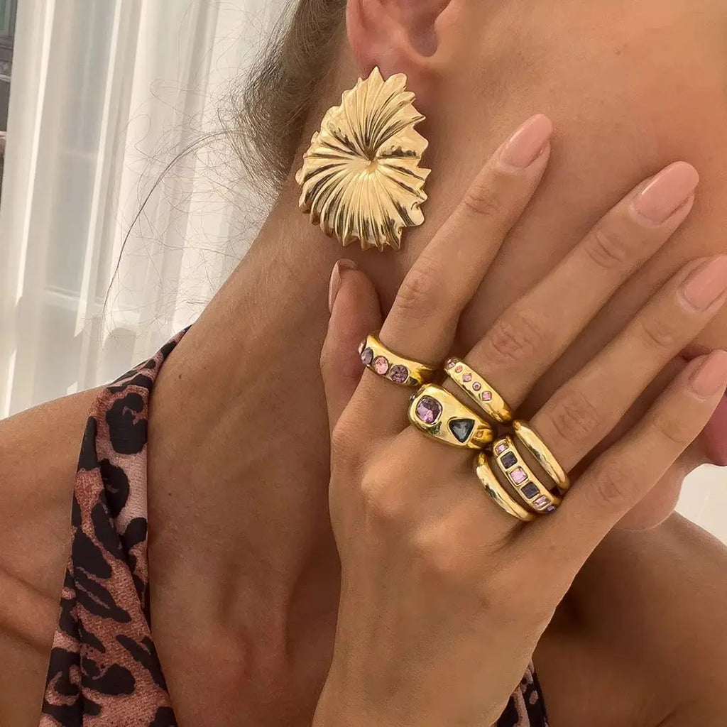 Set van 6 Goudkleurige Ringen met Paarse Zirkoon ƒ?? Verstelbaar & Luxe Afwerking