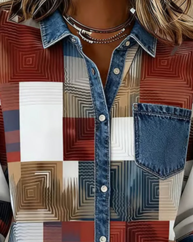 Laluna® | Kleurblok Shirt met Modieuze Kraag